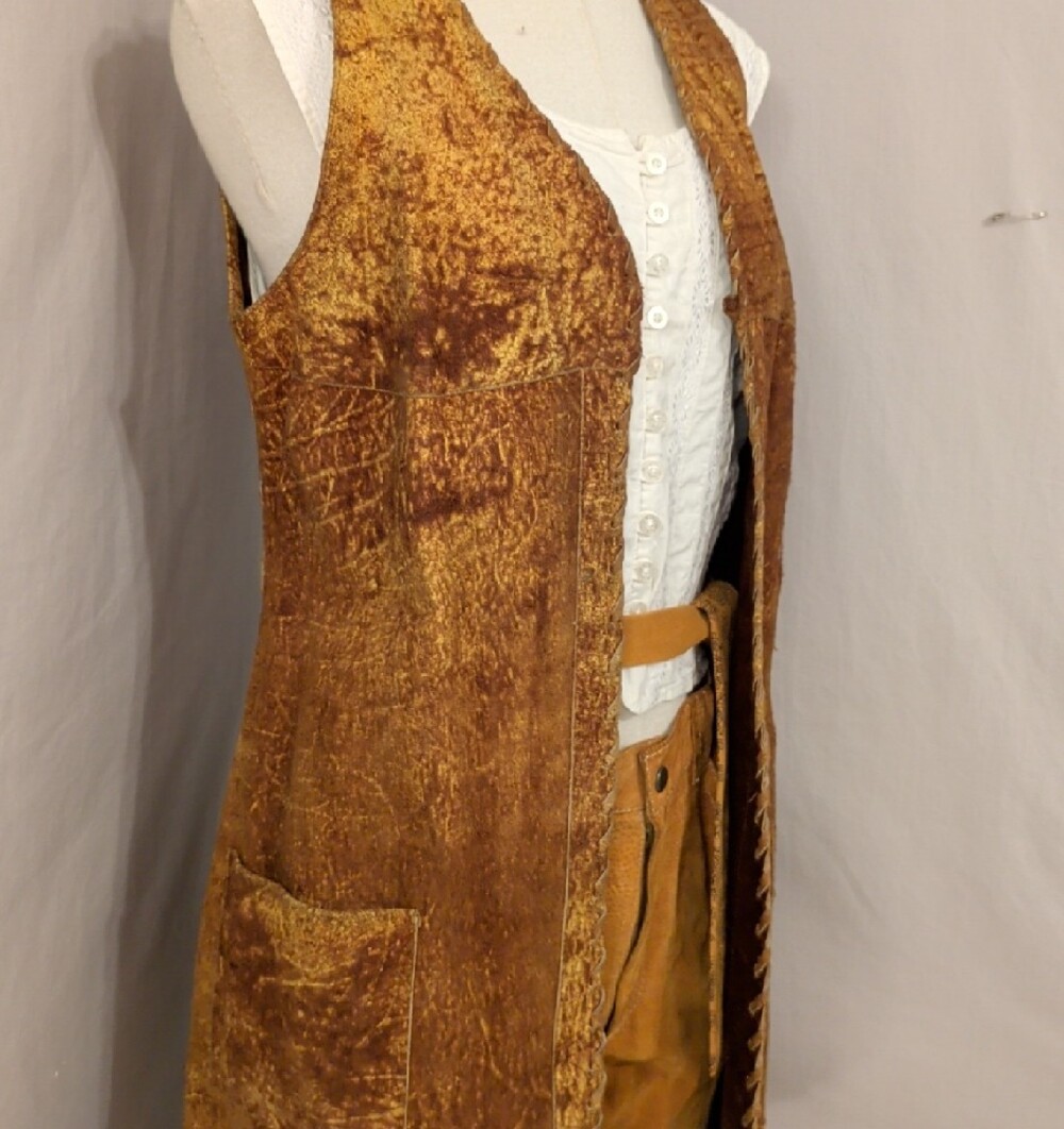 Vintage Suede Leather Long Vest and Pants 60s 70s Mod Groovy Hippie Women's SeeM - Picture 2 of 16